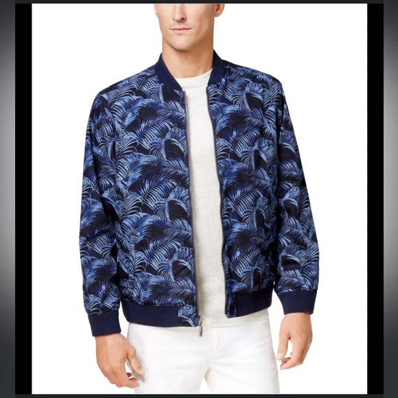 Tommy Bahama Fez Frond Reversible Bomber Jacket Mens Sz M Navy Blue Snap Pocket - Picture 1 of 16
